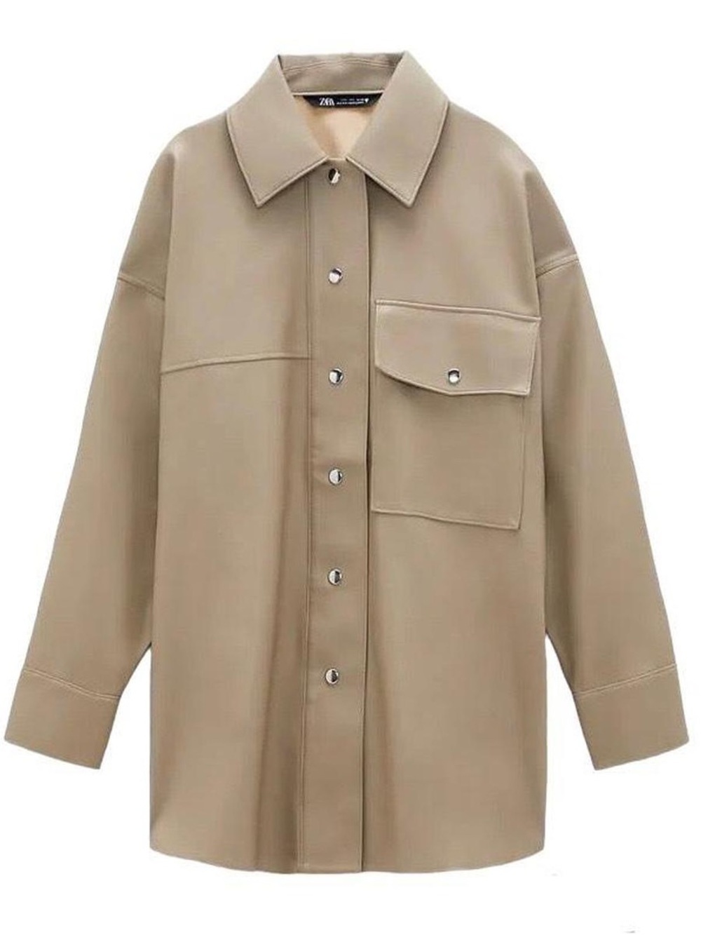 New Zara Size Small Vintage Style Tan Matte Long Faux Leather Fall Blazer Jacket